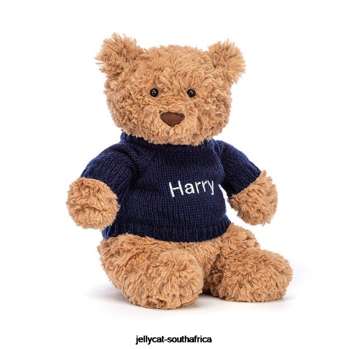 104 Toy Bartholomew Bear with Personalised Navy Jumper Brown Jellycat