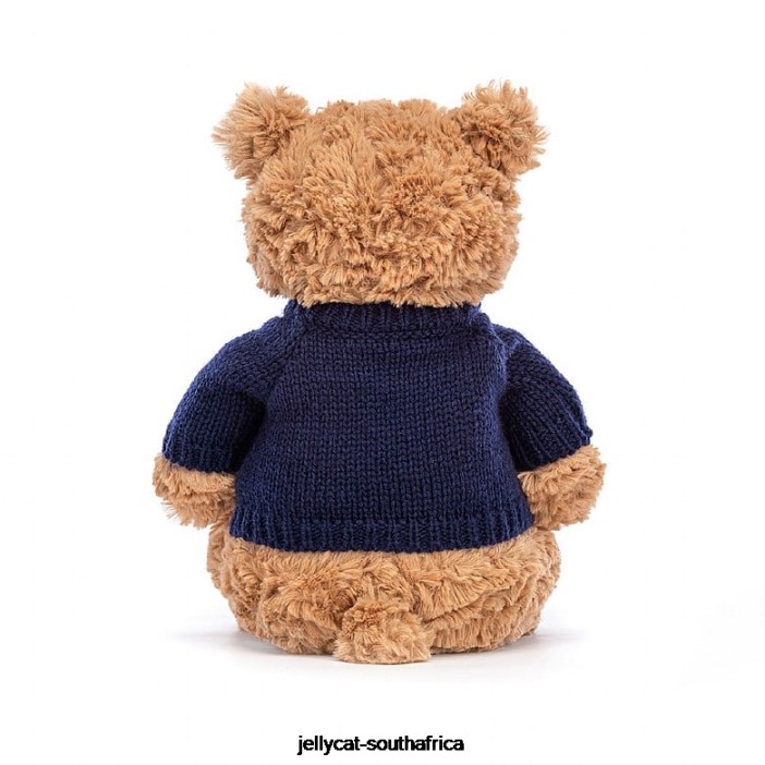104 Toy Bartholomew Bear with Personalised Navy Jumper Brown Jellycat