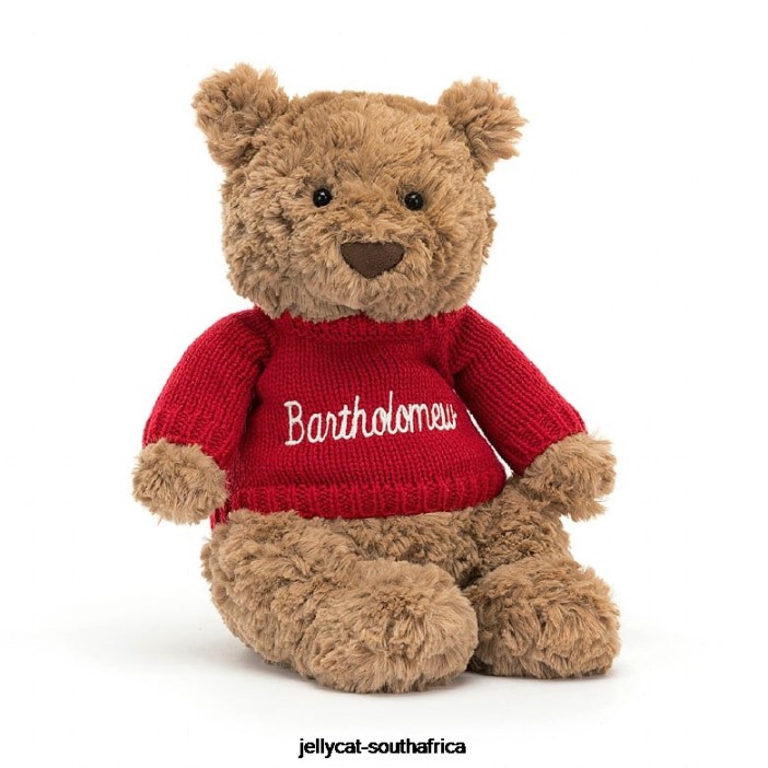 140 Toy Bartholomew Bear with Personalised Red Jumper Brown Jellycat