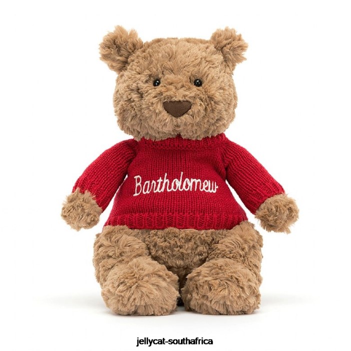 140 Toy Bartholomew Bear with Personalised Red Jumper Brown Jellycat